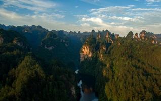 Aerial Wulingyuan Baizhang Gorge looks like a beautiful Painting in Dawn